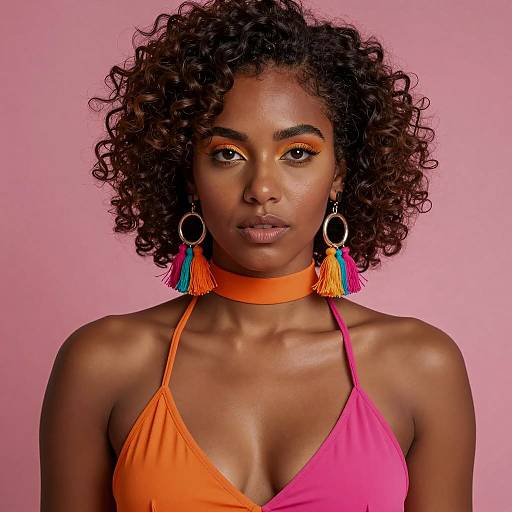 Curly Haired Woman with Colorful Fashion Accessories