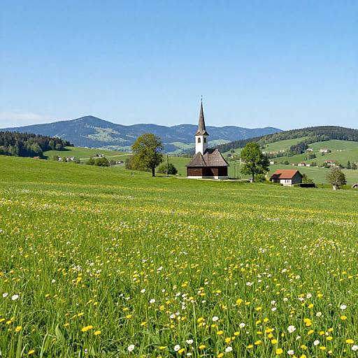 Photograph of a picturesque countryside scene with a white church with a black steeple, surrounded by green fields of yellow and white wildflowers, and