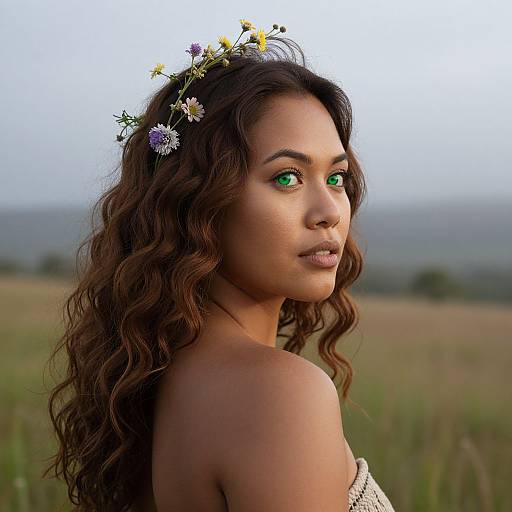Photograph of a beautiful woman with long, wavy brown hair, wearing a flower crown, green eye makeup, and a white strapless top,