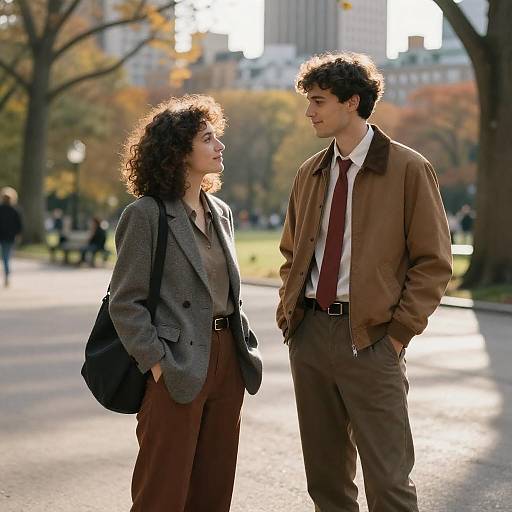 Photograph of a curly-haired woman in a gray blazer and brown pants, and a curly-haired man in a brown jacket and tie, standing in