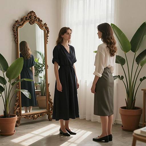 Elegant Room with Two Women in Contrast