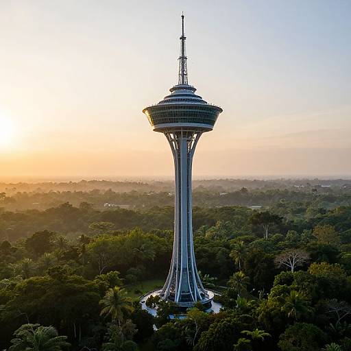 Photograph of Toronto's CN Tower at sunset, surrounded by dense green forest, with a golden sky and misty horizon.
