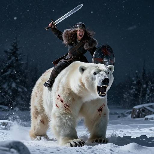 Photograph of a fierce warrior woman in a black fur-trimmed coat, helmet, and boots, riding a wounded white bear with bloodstains