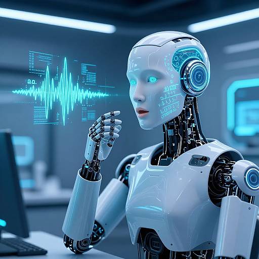Photorealistic CGI of a white, female humanoid robot with glowing blue eyes, monitoring a digital heart rate monitor in a futuristic lab.