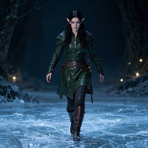 Photograph of a dark-haired, elf-like woman with pointed ears, in a green leather cloak, black pants, and boots, walking on a glowing