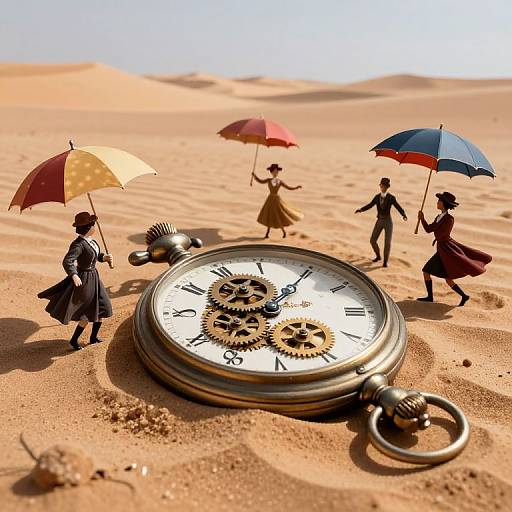 Photograph of four small, silhouetted, Victorian-style figures with umbrellas, walking around an open pocket watch with gears, in a sandy
