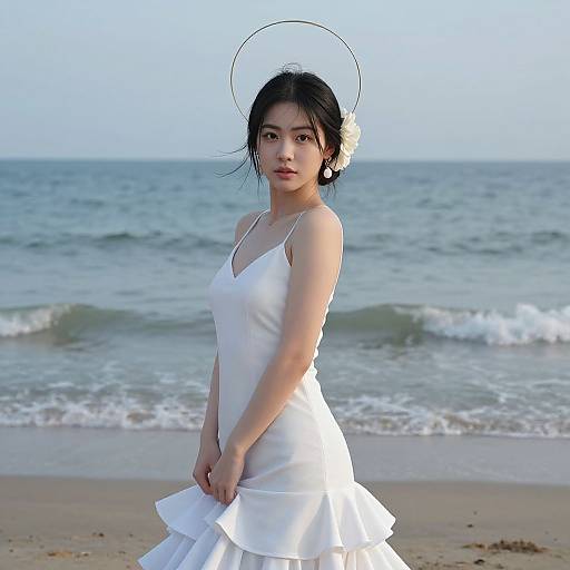 Asian woman in white dress and halo headpiece stands on beach with calm ocean in background, sunlight on her face.