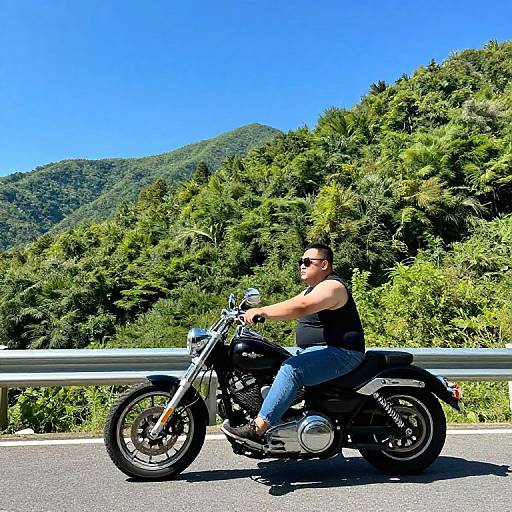 Photograph of a muscular man with short dark hair, wearing a black tank top and blue jeans, riding a black motorcycle on a sunny road with lush