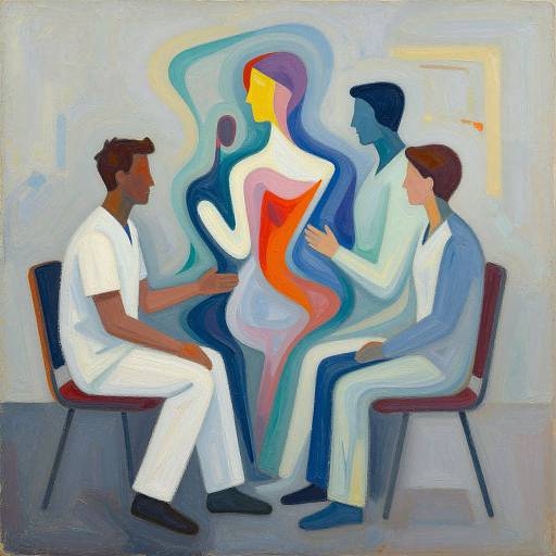 Abstract painting of three men in white and blue suits, seated on red chairs, facing a colorful, abstract human figure between them.