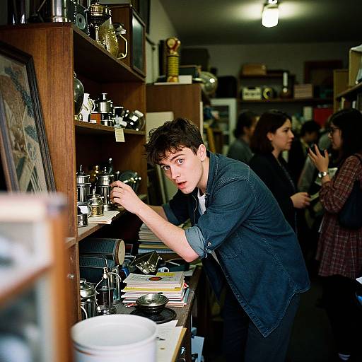 Photograph of a young man with curly brown hair, wearing a denim shirt, leaning over a wooden shelf filled with vintage cameras in a dimly lit
