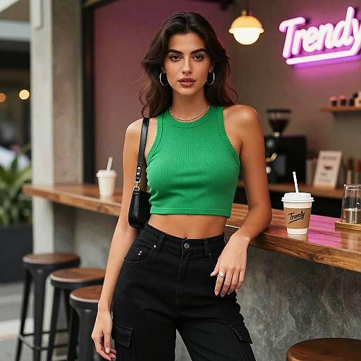 Urban Chic Woman at Neon Coffee Bar