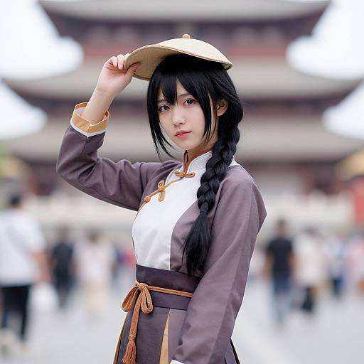 Photograph of an Asian woman cosplaying as a traditional Chinese character, wearing a braided hairstyle, hat, and brown and white attire, standing in