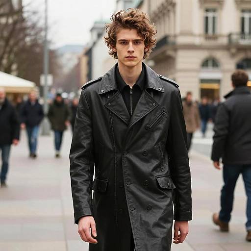 Photograph of a young, curly-haired man with fair skin, wearing a black leather trench coat, standing confidently in an urban street with blurred pedestrians and