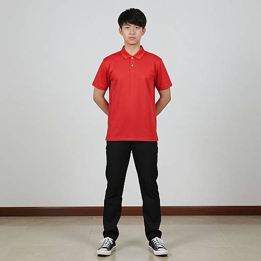Photograph of a young Asian man with short black hair, wearing a red polo shirt, black pants, and black and white sneakers, standing against a