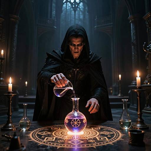 Dark-robed sorcerer pours potion from glass vial onto glowing, rune-etched circle in dimly lit, candlelit cathedral. (Photoreal