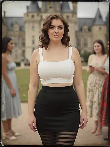 Curvy Woman in Chic White Crop Top and Black Skirt at Historical Castle
