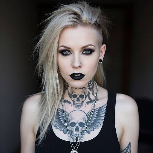 Photograph of a pale-skinned, blonde, punk-styled woman with black lipstick, black tank top, multiple skull tattoos, black ear gauges
