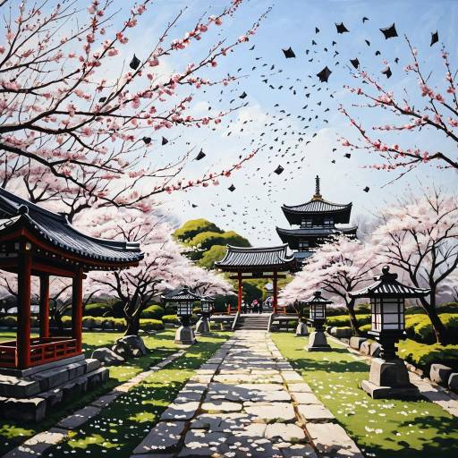 Serene Japanese Garden with Cherry Blossoms and Flying Kites Serene Japanese Garden with Cherry Blossoms and Flying Kites