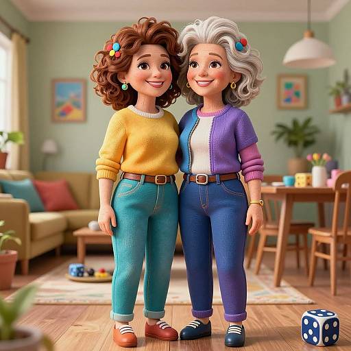 Digital 3D artwork of two smiling women with curly hair, one with brown hair in yellow sweater and blue jeans, the other with white hair in