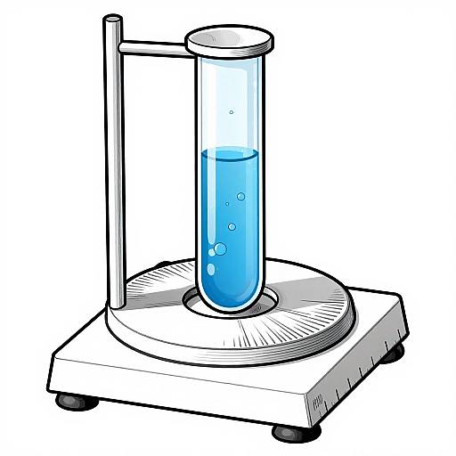 Digital drawing of a laboratory apparatus with a blue liquid-filled test tube on a circular platform, outlined in black.