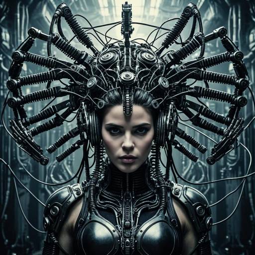 Futuristic Woman with Mechanical Arms and Cybernetic Headgear