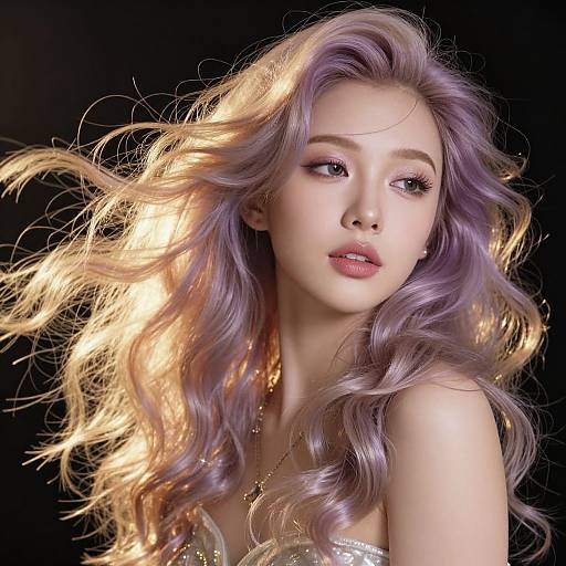 Photorealistic digital portrait of a beautiful young woman with long, wavy, lavender and gold hair, delicate features, and soft makeup, set against