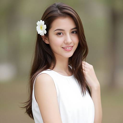 Photograph of a young woman with long dark hair, a white flower in her hair, wearing a white sleeveless top, smiling, set against a