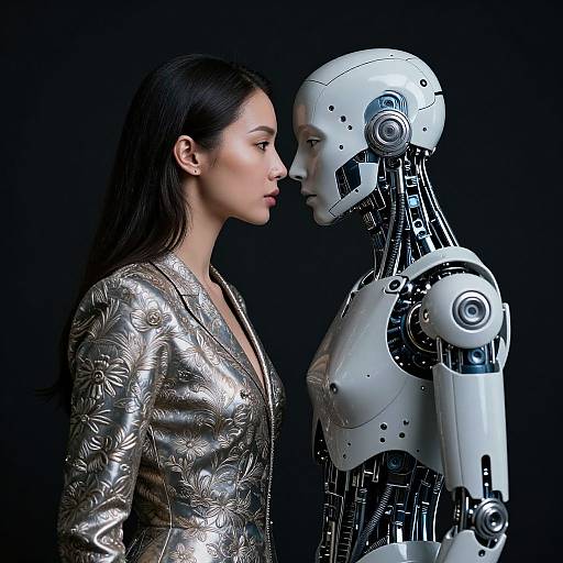 Photograph of a woman with long black hair in a silver patterned blazer, facing a white humanoid robot, against a black background. Intense