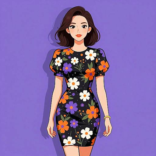 Digital illustration of a fair-skinned woman with brown hair in a black floral dress, featuring white, orange, and blue flowers, standing against a solid