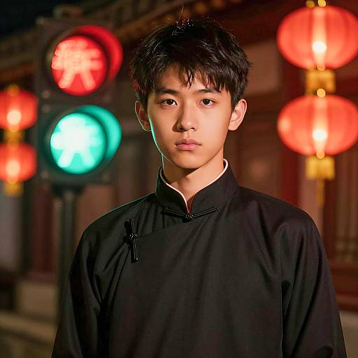 Asian Teen Boy in Traditional Chinese Shirt