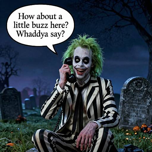 Photograph-style digital art of a Joker-like figure with green hair, black-and-white striped suit, holding a phone, in a graveyard at night,