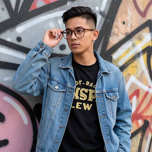 Photograph of a young Asian man with short black hair, wearing a denim jacket, black t-shirt, and glasses, standing against a colorful graffiti wall