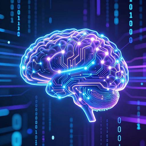 Neon blue glowing brain with intricate circuitry against a digital blue and purple background, featuring binary code lines. CGI artwork.