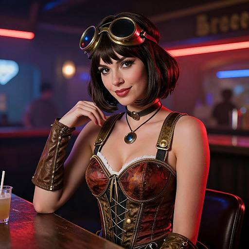 Photograph of a stylish woman with a short black bob, wearing steampunk goggles, brown leather corset, and choker, sitting at a