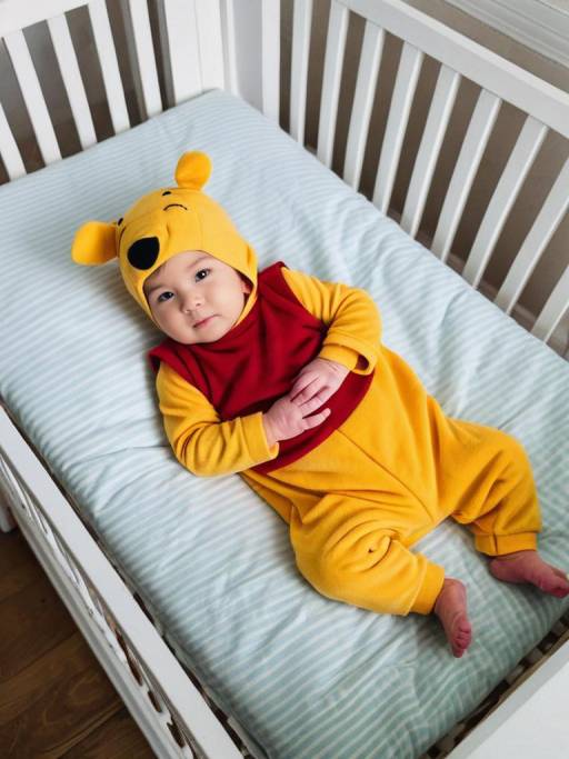 Newborn Baby in Pooh Costume in Crib