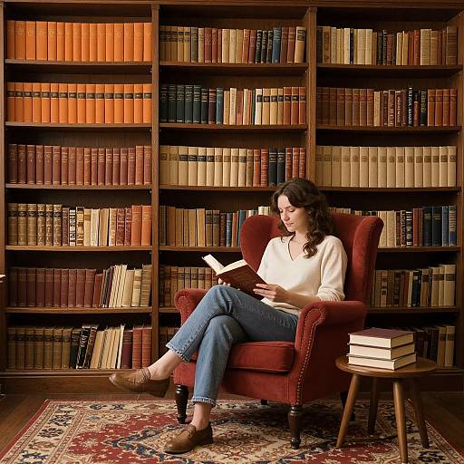 Photograph of a woman with brown hair, white blouse, blue jeans, and brown shoes, reading in a red armchair, surrounded by wooden book