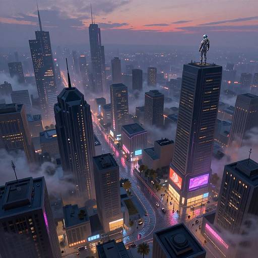 Aerial photograph of a futuristic cityscape at dusk, featuring towering skyscrapers with neon lights, a statue on a building top, and misty