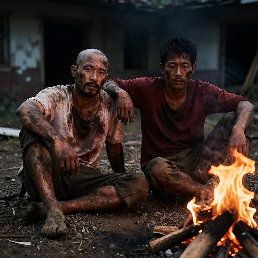 Mud-Covered Men in Abandoned Surroundings