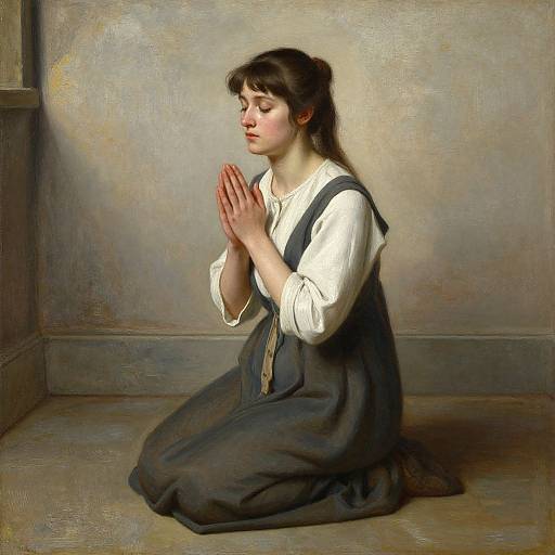Digital painting of a young woman with fair skin and brown hair, kneeling in prayer with hands raised, wearing a white blouse and dark blue dress, in