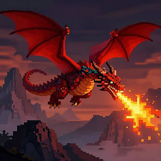 Pixel art of a red dragon with outstretched wings breathing fire over a mountainous landscape at sunset, with vibrant orange sky.