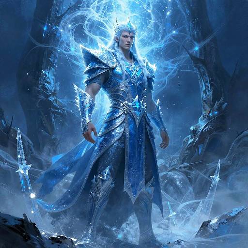 Digital artwork of a powerful, blue-haired, armored warrior with glowing blue energy, standing in a dark, icy, futuristic landscape.