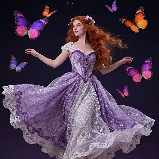 Photograph of a fair-skinned, red-haired woman in a sparkling purple and white lace dress, surrounded by colorful butterflies, against a dark background.