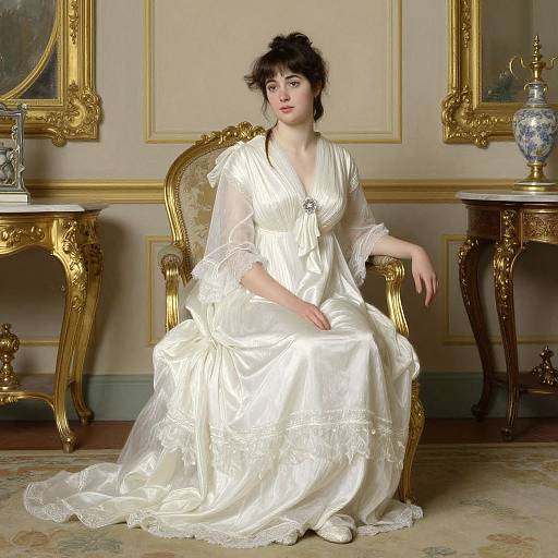 Photograph of a fair-skinned woman with dark hair, wearing a white satin Victorian dress, seated on a gold ornate chair in an elegantly