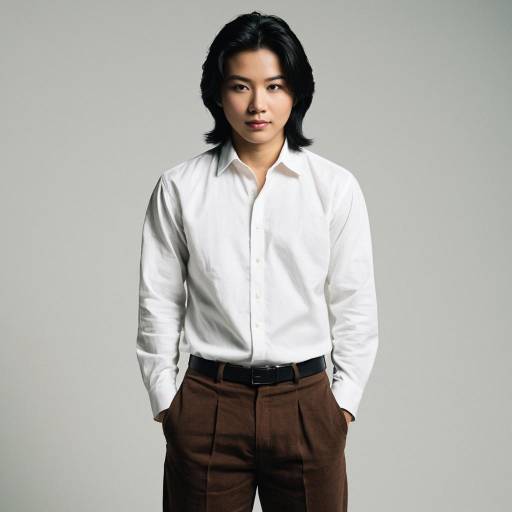 Young Asian Man in White Shirt and Brown Pants