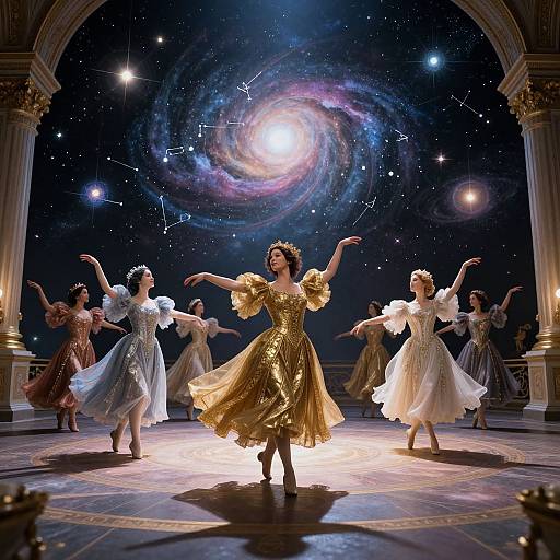 Photograph of a ballet troupe performing under a starry, galaxy-themed backdrop, with a central dancer in a glittering gold dress.