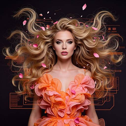 Photorealistic digital portrait of a blonde woman with voluminous hair, wearing an orange ruffled dress, surrounded by floating pink petals, against a black