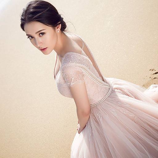 Photograph of an Asian woman with dark hair in an elegant, white lace and tulle wedding dress, leaning slightly forward against a bright, textured background
