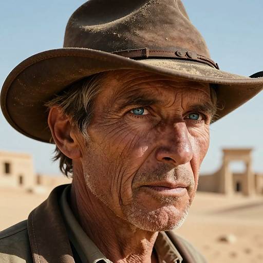 Close-up photograph of an elderly Caucasian man with weathered skin, blue eyes, and a brown, dusty cowboy hat, standing in a sunlit,