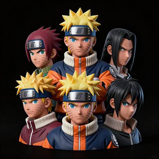 Digital CGI image of six Naruto characters, five with spiky blonde hair and one with black hair, wearing headbands and colorful jackets, arranged in a