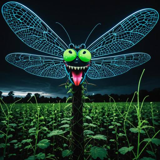 Neon Dragonfly Sculpture in Field at Night